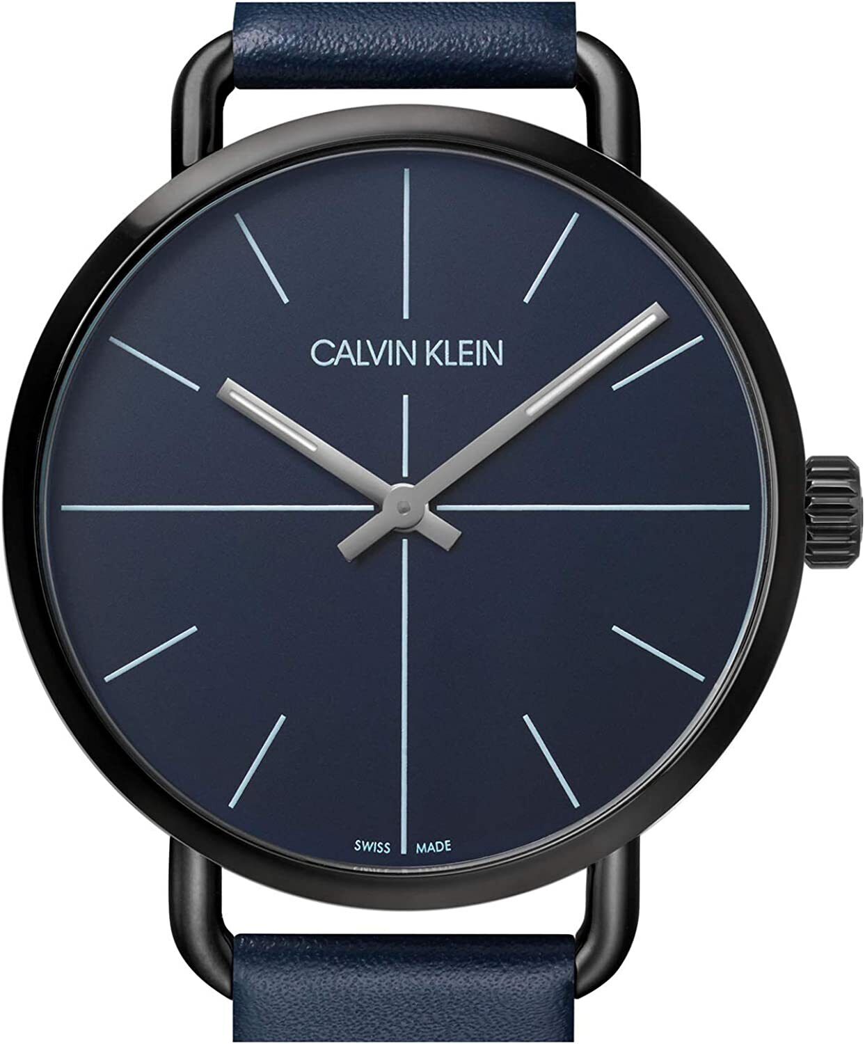 Close-up of Calvin Klein Even dial showing minimalist hour indices and white hands on blue background