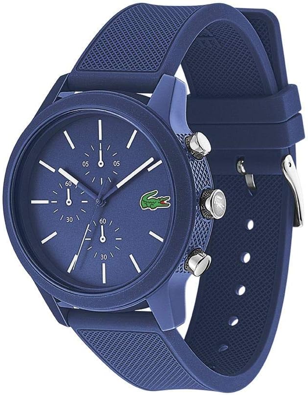 Lacoste 12.12 blue chronograph watch angled view showing dial and blue silicone strap