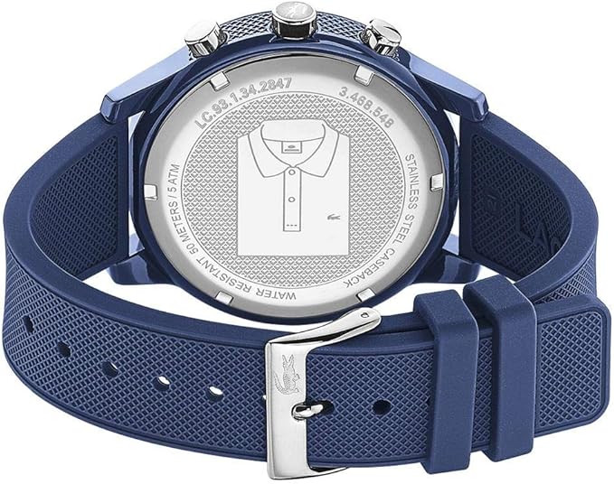 Lacoste 12.12 watch caseback showing silver-tone case back with Lacoste branding and specifications