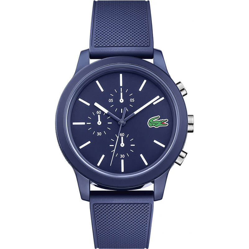 Lacoste 12.12 blue chronograph watch with dark blue dial and blue silicone strap