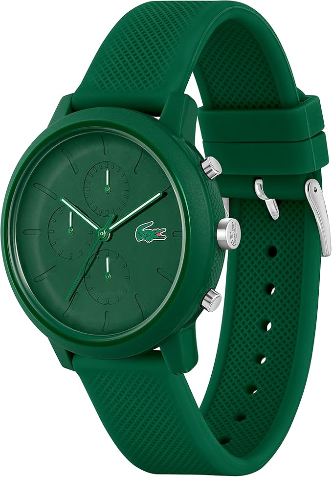 Lacoste 12.12 green watch with silicone strap showing case profile and buckle