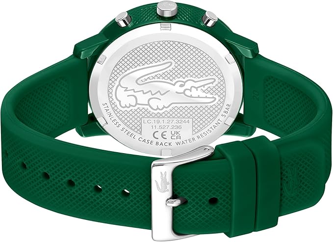 Lacoste 12.12 watch caseback with crocodile logo and specifications