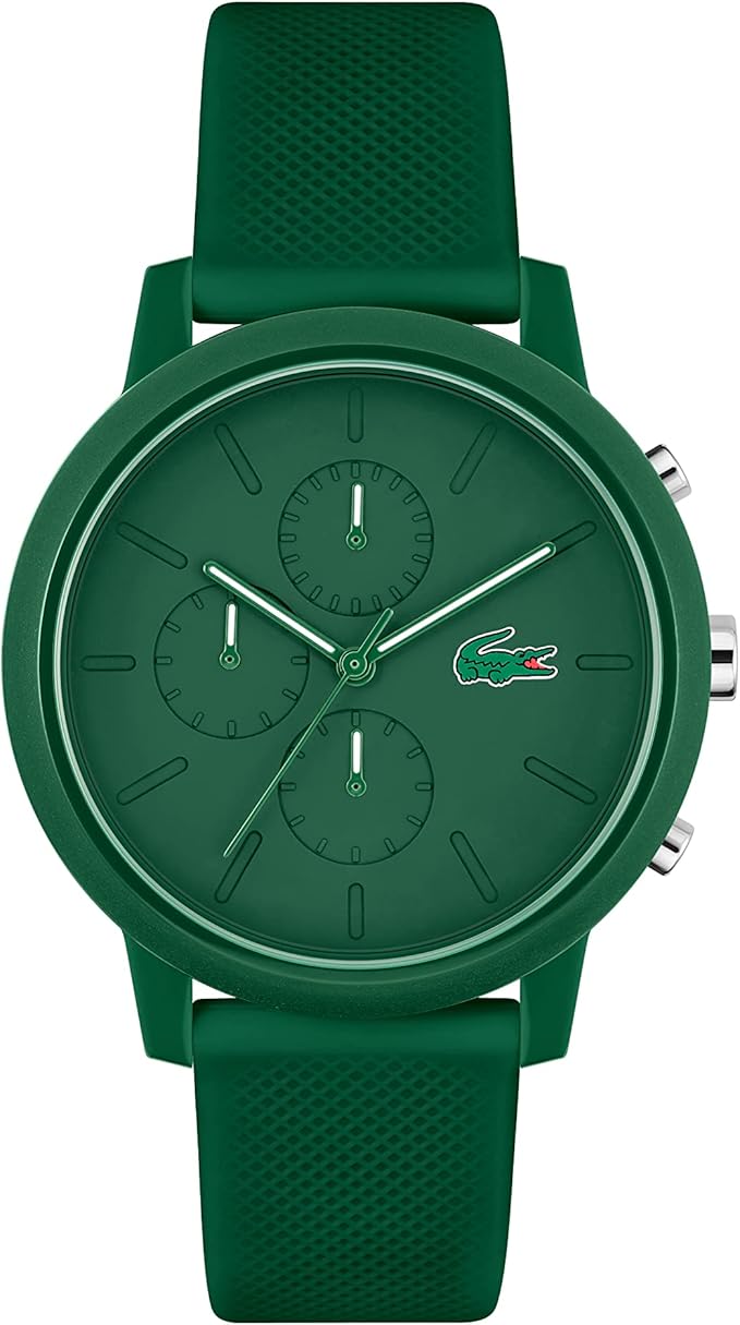 Lacoste 12.12 green chronograph watch with silicone strap and three subdials