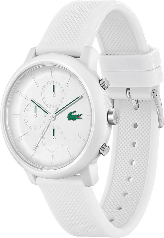Lacoste 12.12 watch shown from angled side view with white strap