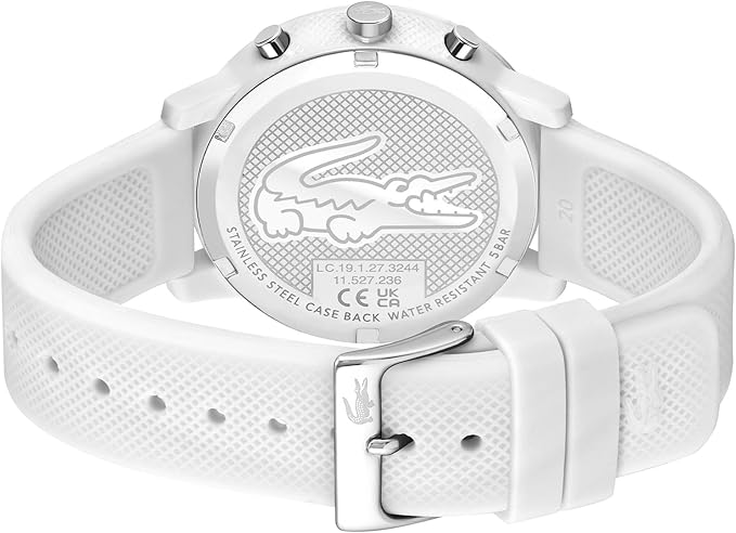 Lacoste 12.12 watch caseback showing crocodile logo and watch details