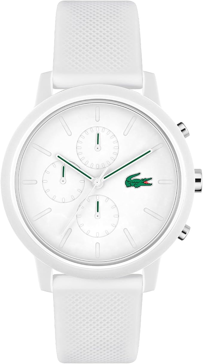 Lacoste 12.12 white chronograph watch with white silicone strap and dial