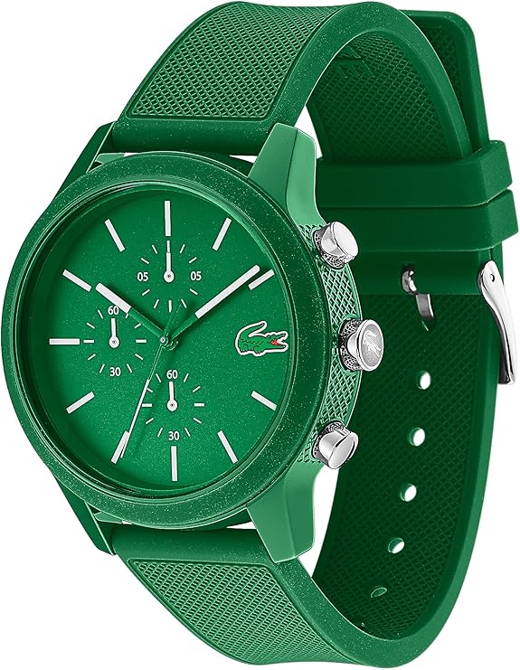 Lacoste 12.12 Chronograph green watch displayed at three-quarter angle with strap