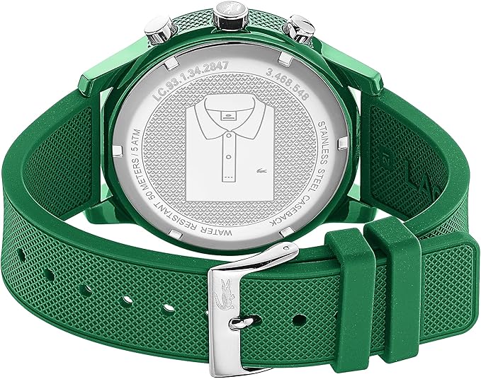 Lacoste 12.12 Chronograph caseback showing Lacoste polo logo and watch specifications