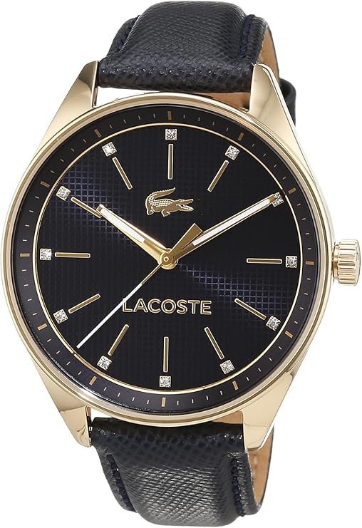 Lacoste women's watch with gold-tone case, black dial with diamond hour markers, and dark leather strap