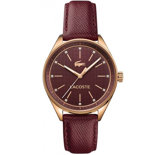 Lacoste women's watch with rose gold case, burgundy leather strap, and textured dial