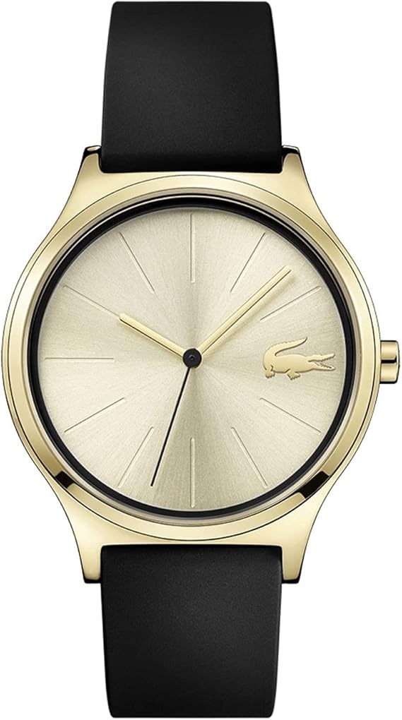 Lacoste quartz women's watch with gold dial, black leather band, and Lacoste logo