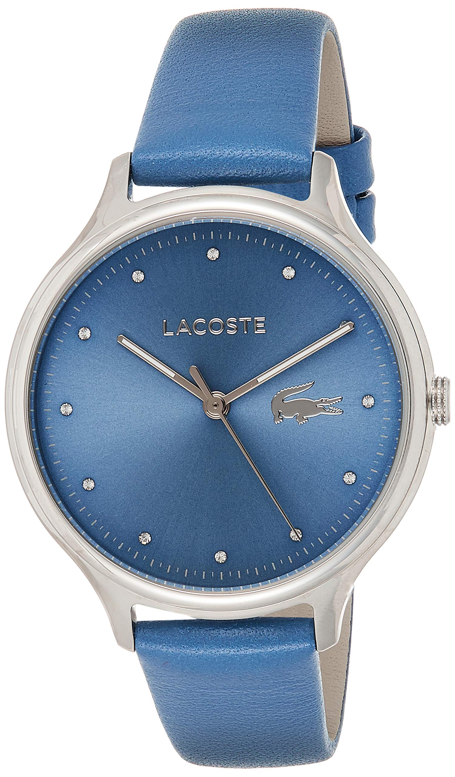 Three-quarter view of Lacoste watch showing blue leather strap and silver case