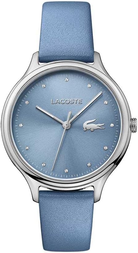 Lacoste women's watch with blue dial, silver case, and blue leather band