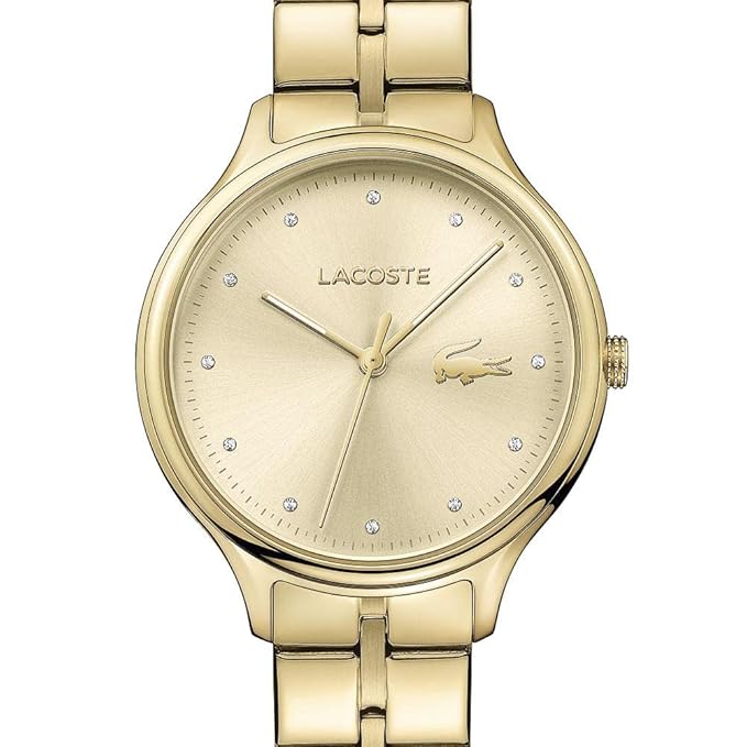 Lacoste 2001008 watch angled view showing gold dial with crystal markers and band