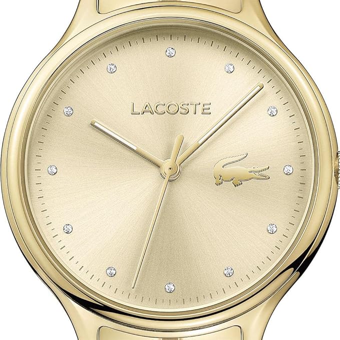 Close-up of Lacoste watch dial with crystal stone indices and elegant hands