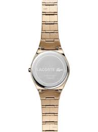 Lacoste 2001055 watch caseback showing rose gold stainless steel bracelet