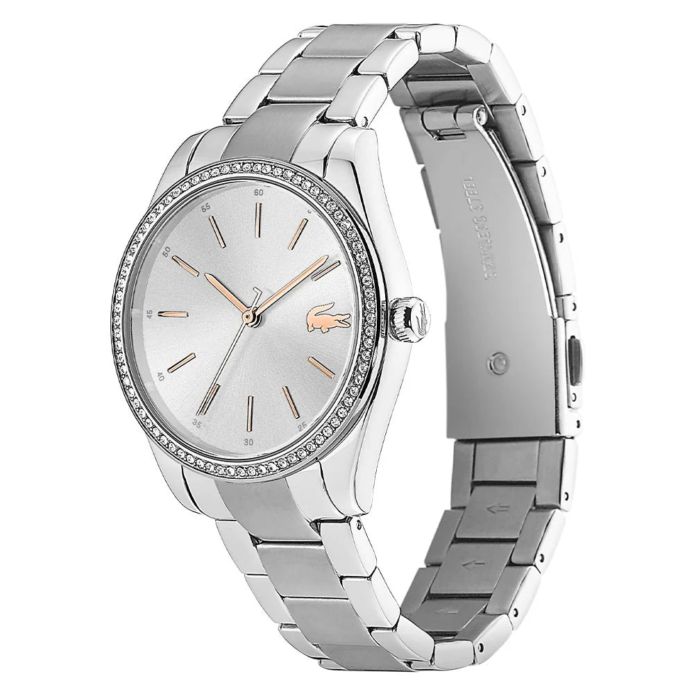 Lacoste 2001083 watch from angled view showing full bracelet and dial