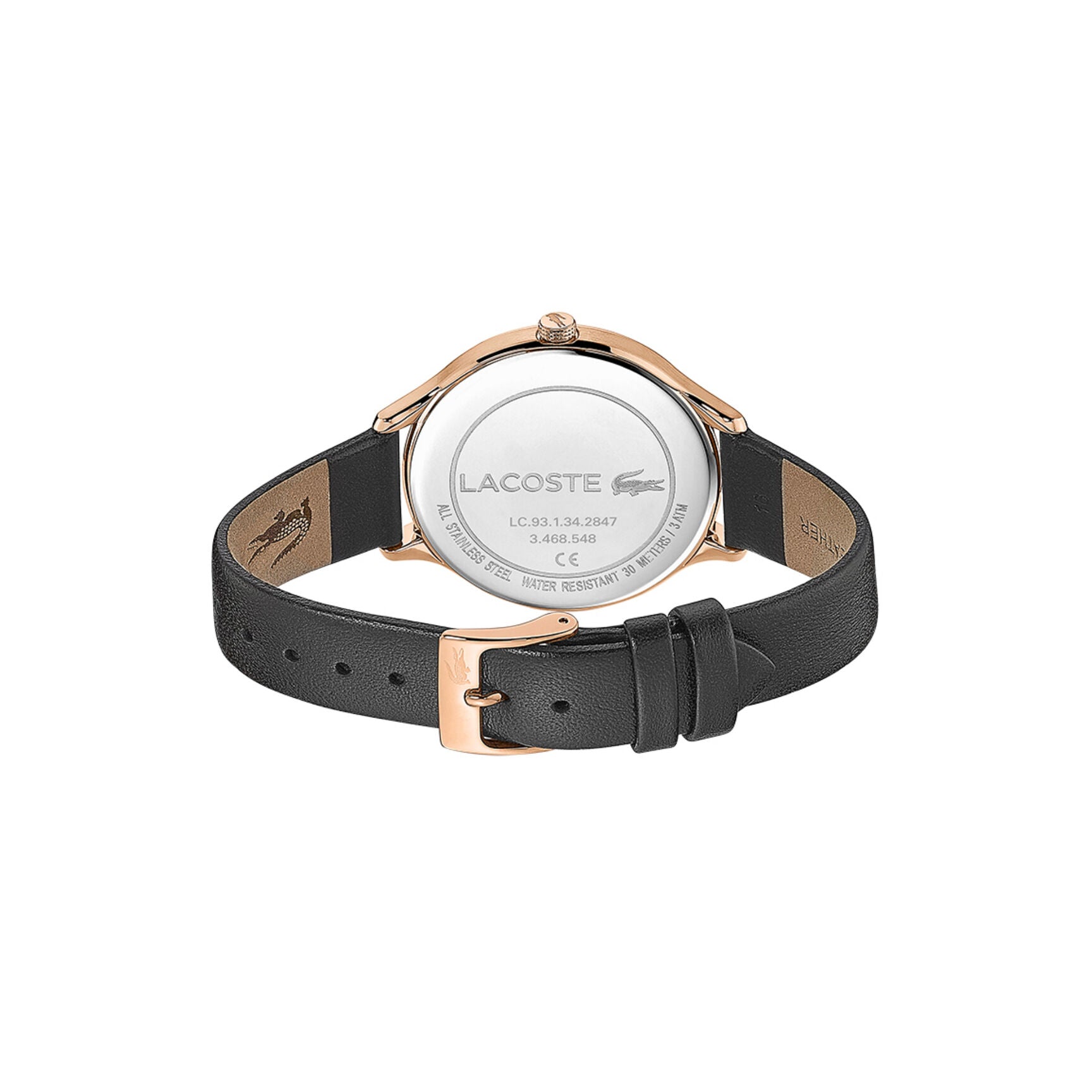 Case back of Lacoste 2001086 watch showing stainless steel back with branding