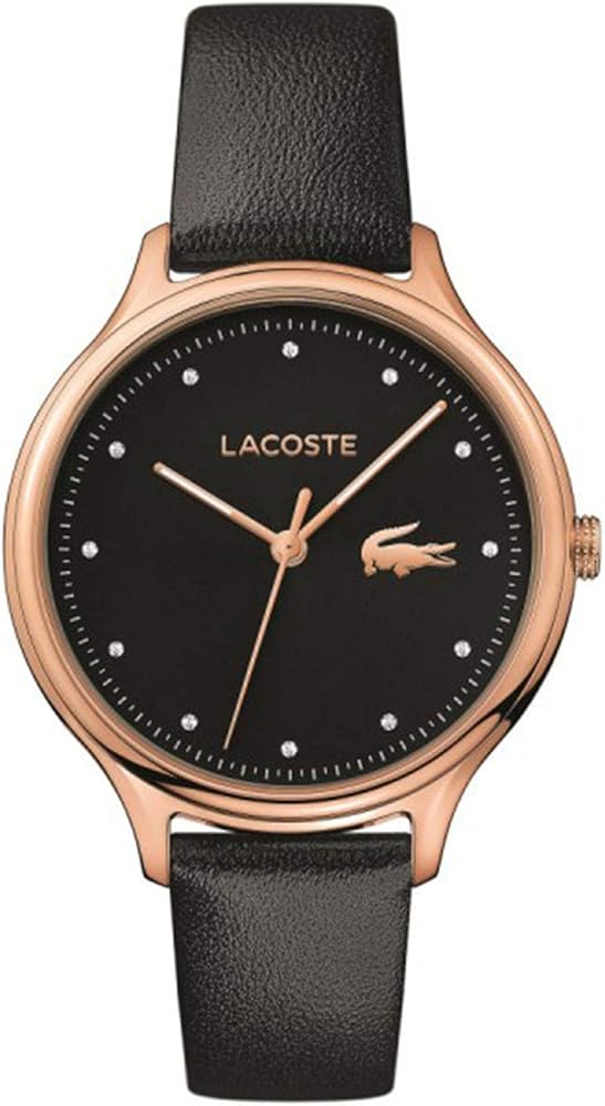 Lacoste quartz watch with rose gold case, black dial, and black silicone strap