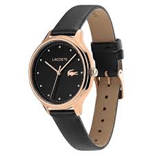 Side profile of Lacoste 2001086 watch with rose gold case and black leather strap