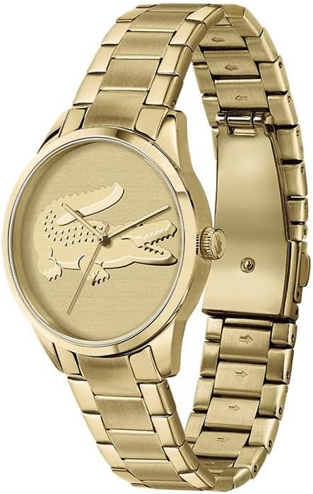 Lacoste gold watch showing crocodile dial detail and side profile of gold bracelet