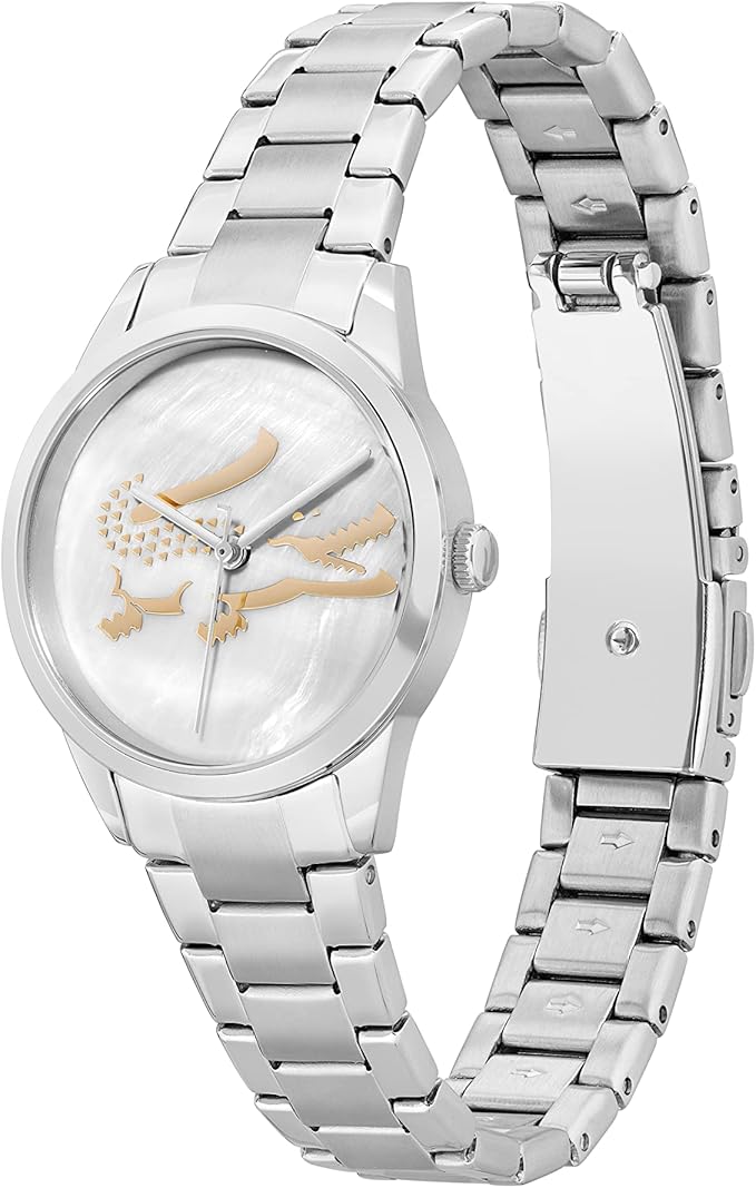 Side profile of Lacoste stainless steel women's watch with mother of pearl dial
