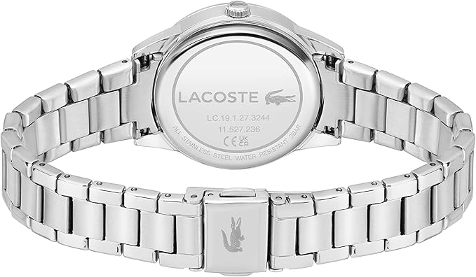 Caseback of Lacoste watch showing stainless steel with Lacoste branding