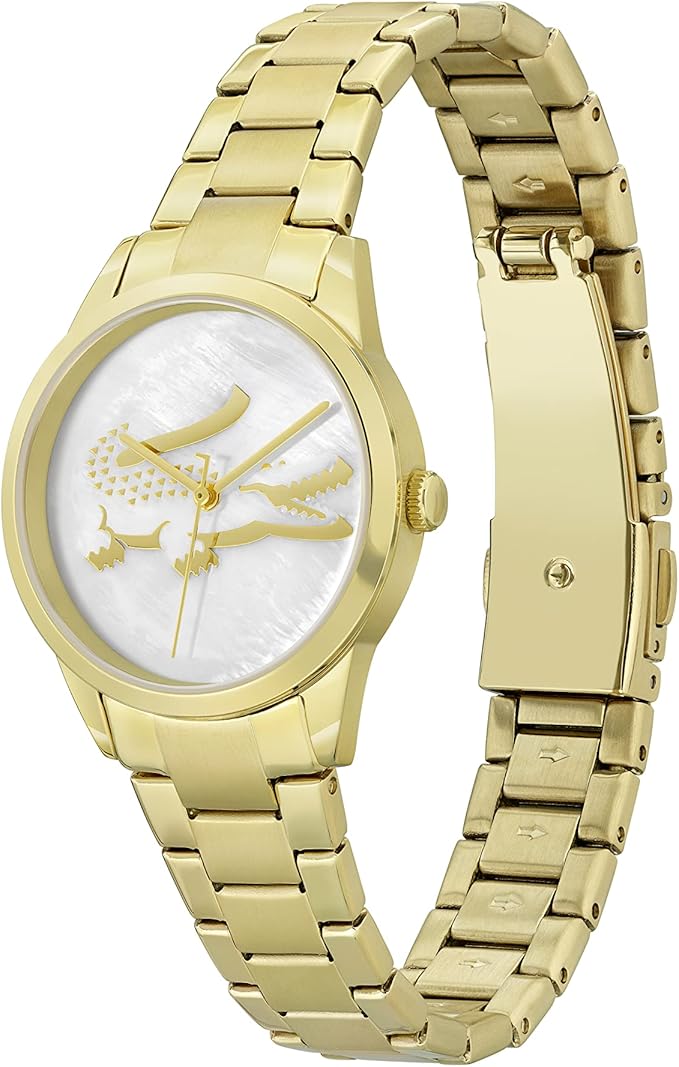 Lacoste gold stainless steel bracelet women's watch shown at angle with dial and strap visible