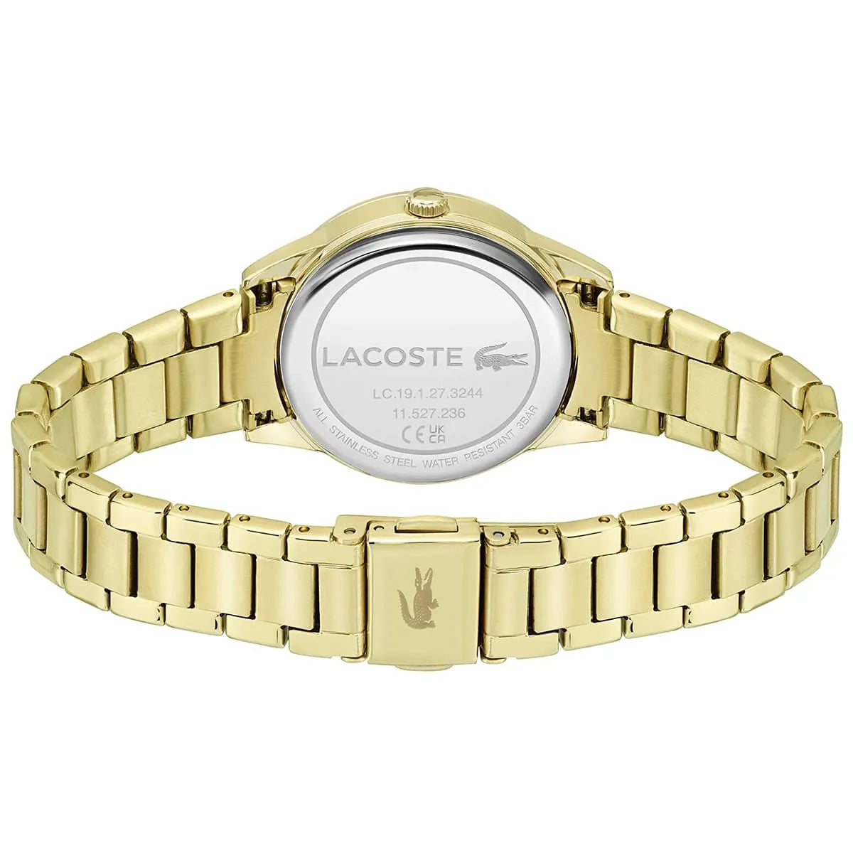 Lacoste 2001216 women's watch caseback showing gold stainless steel with Lacoste branding and crocodile logo