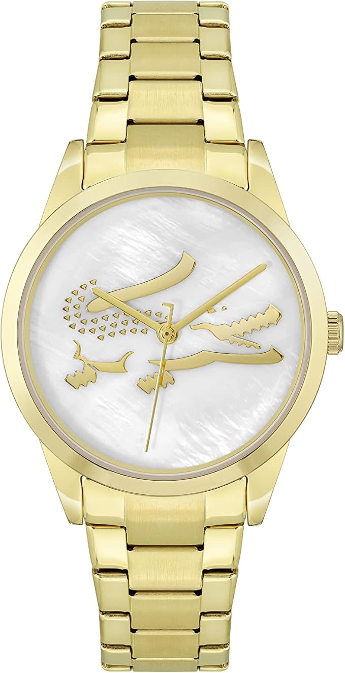 Lacoste gold stainless steel women's watch with white mother of pearl dial and crocodile motif