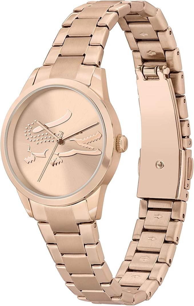 Lacoste women's watch showing 45-degree angle view of case, dial, and carnation gold stainless steel bracelet