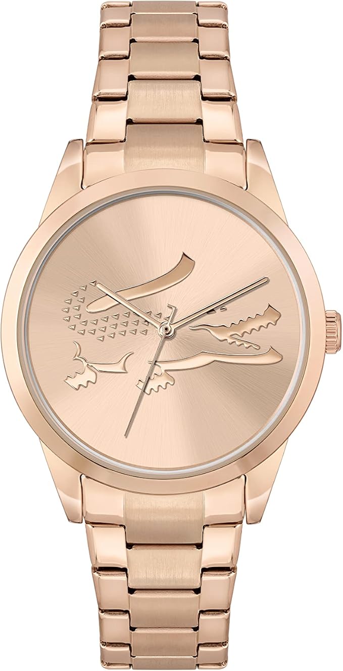 Lacoste women's analogue quartz watch with carnation gold case and bracelet, crocodile emblem dial
