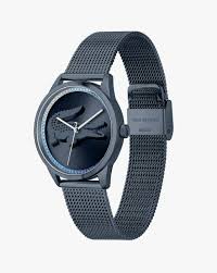 Lacoste women's watch with blue stainless steel mesh bracelet, side angle view