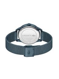 Lacoste watch caseback showing stainless steel and blue mesh bracelet