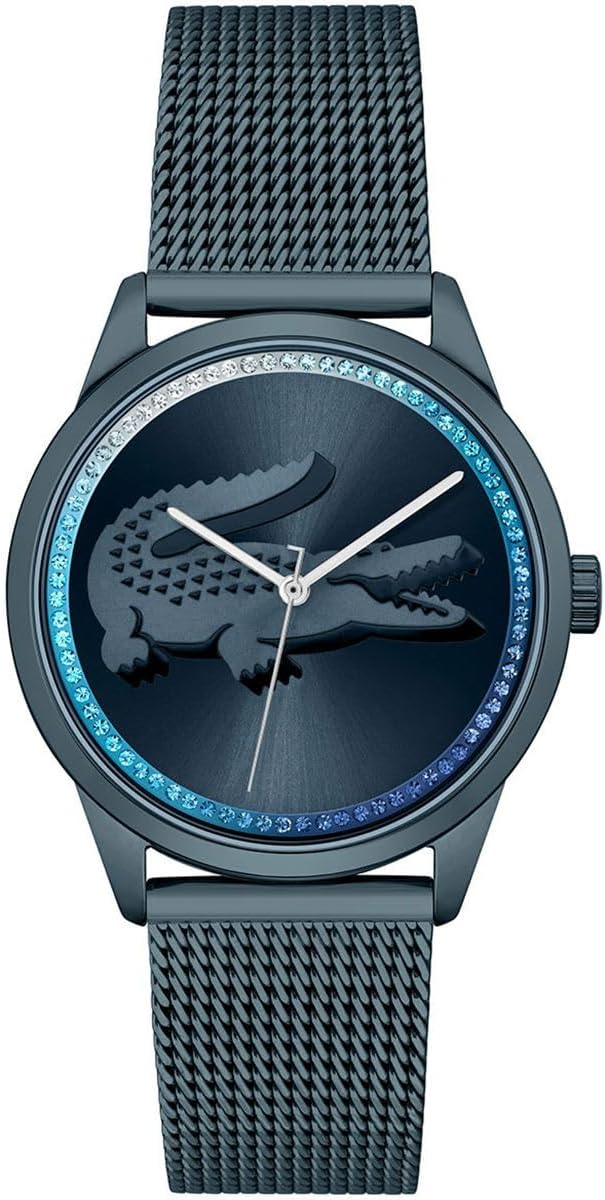 Lacoste women's quartz watch with blue dial, crocodile logo, crystal bezel, and mesh bracelet