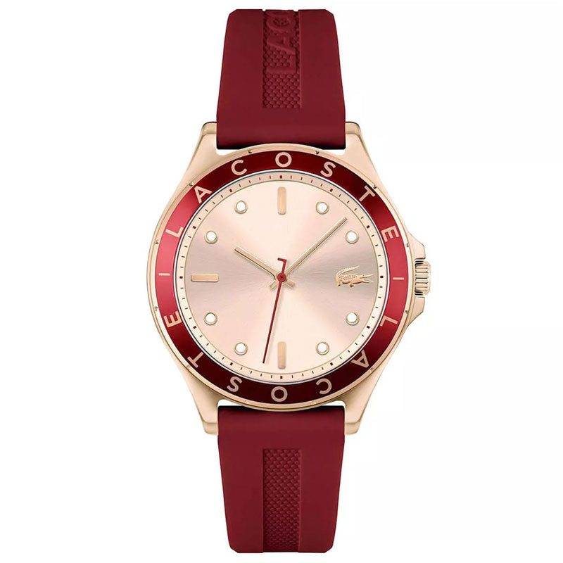Lacoste 2001266 watch with rose gold case, burgundy strap, and pink gradient dial