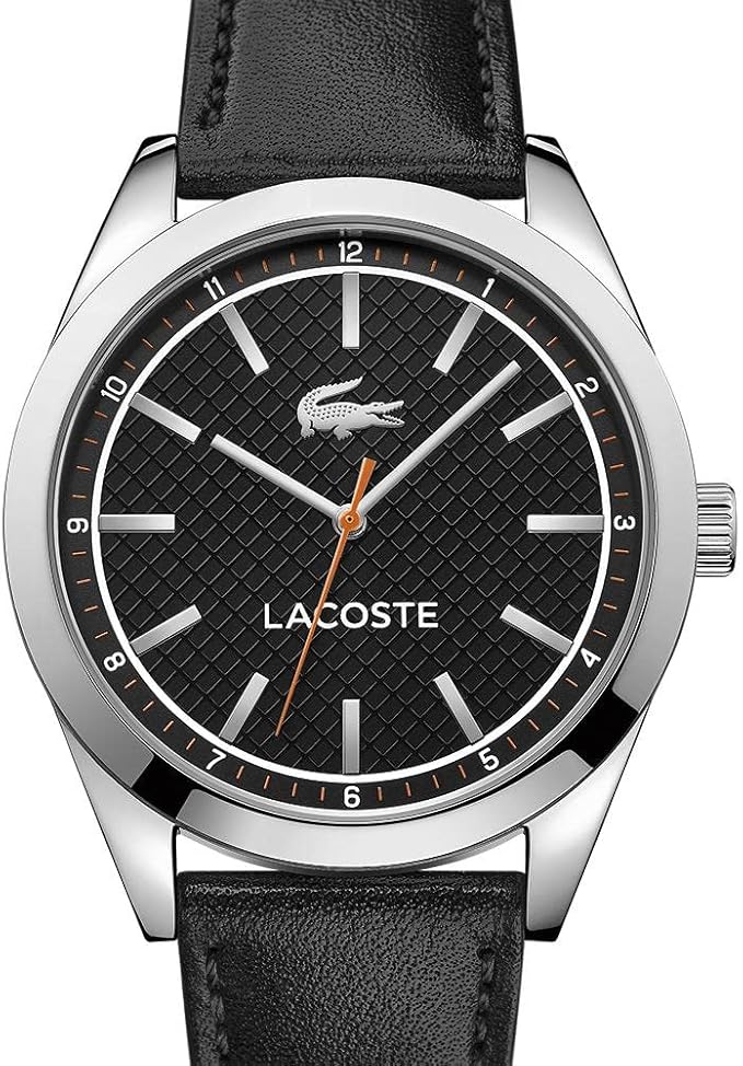 Lacoste 2010888 watch angled view showing silver case, black dial, and leather strap