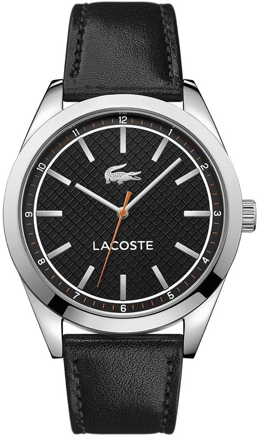 Lacoste 2010888 men's watch with black dial, white indices, orange second hand, and black leather strap
