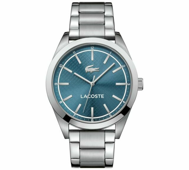 Lacoste quartz men's watch with teal blue dial, silver stainless steel case and bracelet strap