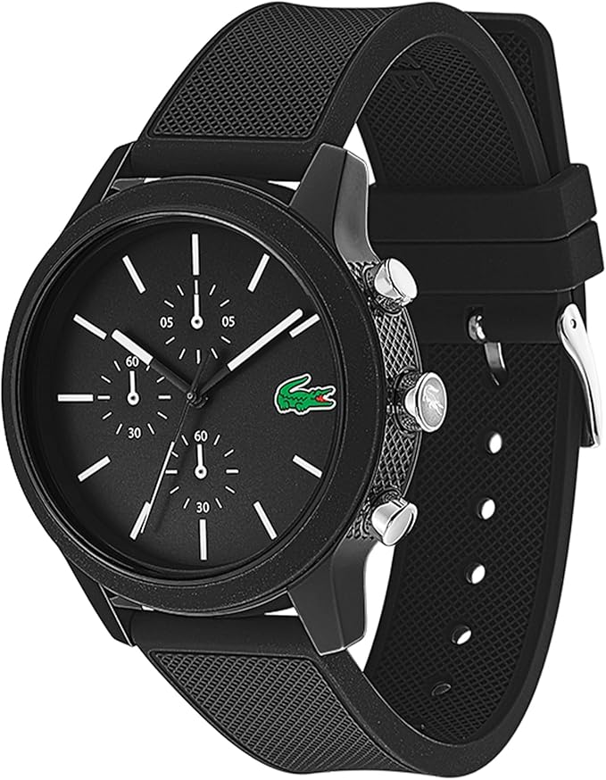 Lacoste chronograph watch displayed at angle showing black case and strap
