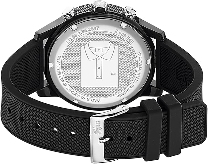 Lacoste watch caseback featuring crocodile logo and engraved text on silver plate