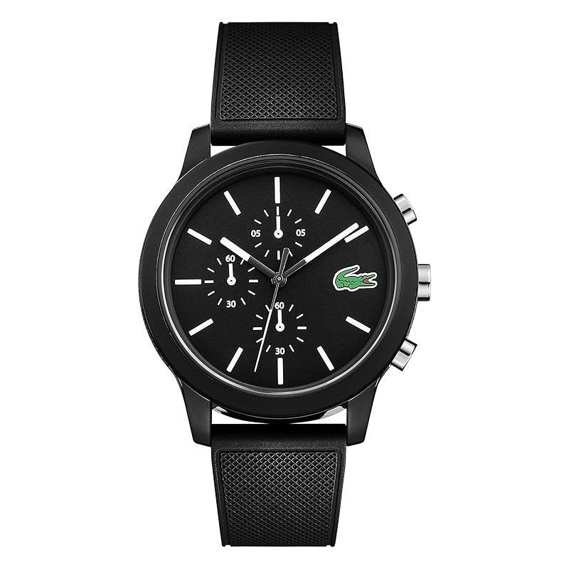 Lacoste chronograph men's watch with black dial and black silicone strap