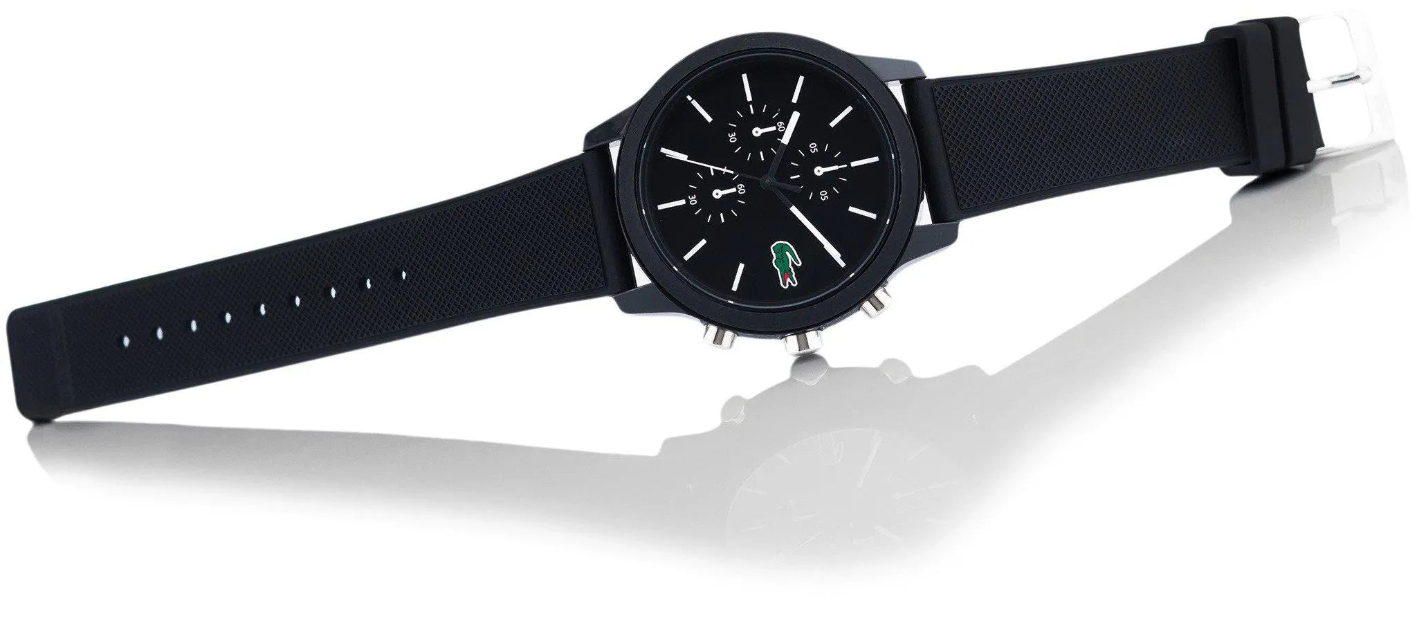 Lacoste watch with extended black silicone strap showing adjustment holes
