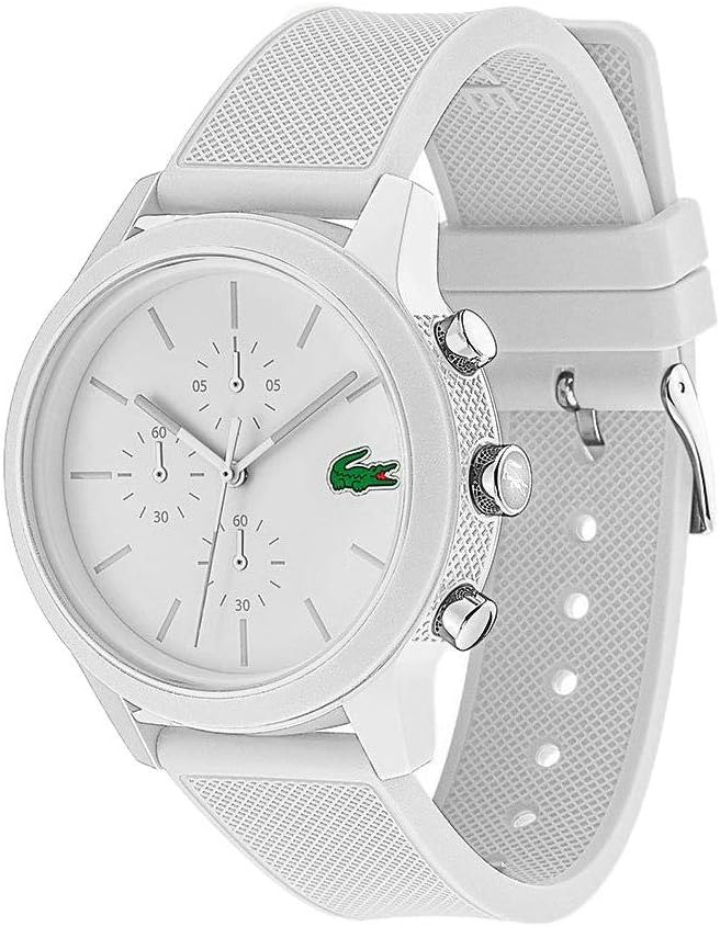 Lacoste 2010974 three-quarter view showing white case and textured strap detail