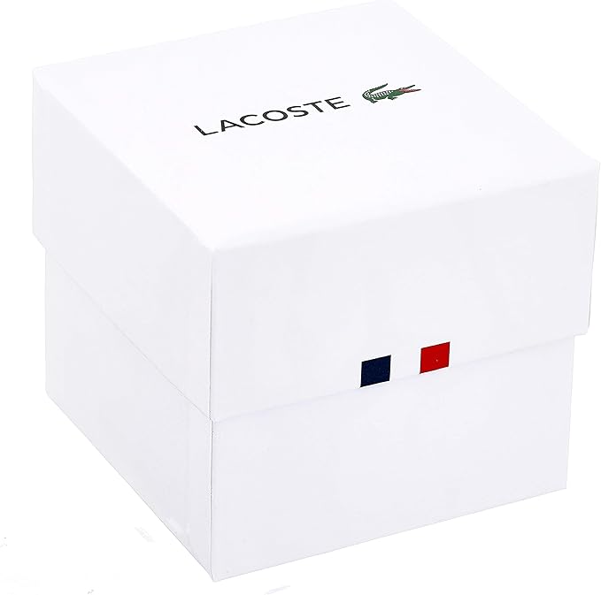 Lacoste watch box with brand logo and colored flag details on white packaging