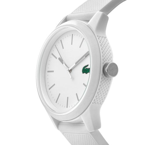 Angled view of Lacoste men's watch showing white case and silicone strap
