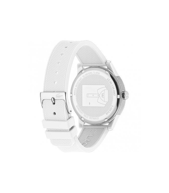 Back view of Lacoste watch showing caseback and strap