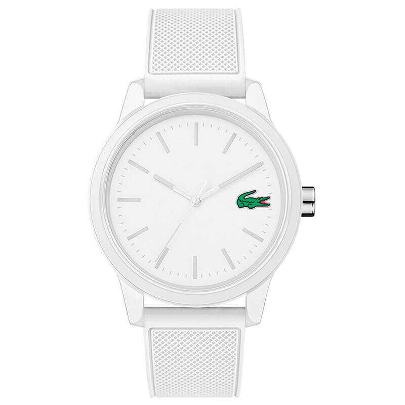 White Lacoste quartz watch with white dial, analog display, and white silicone strap