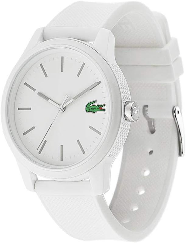 Lacoste quartz watch worn on wrist showing white dial and silicone strap