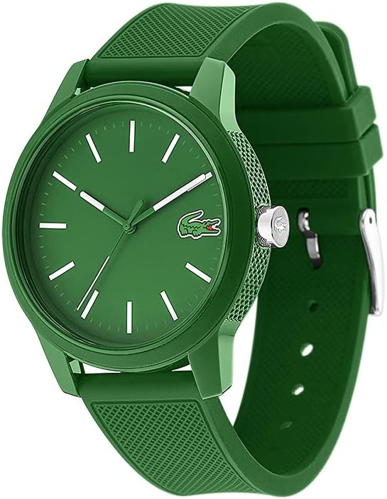 Lacoste green rubber watch angled view showing textured rubber strap and side profile